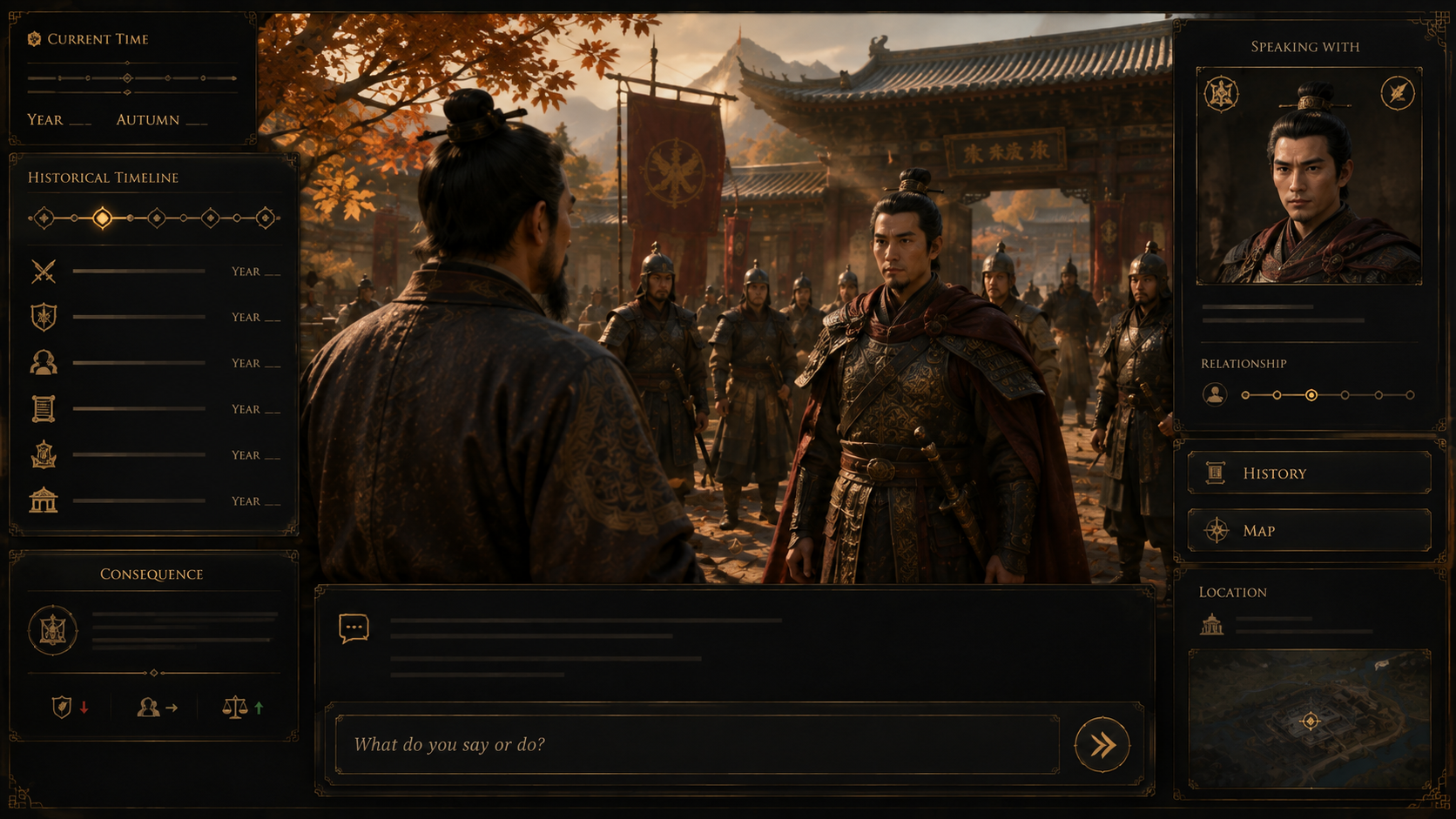 Ten Thousand Banners long-term consequence preview showing an older player character facing a younger officer years later
